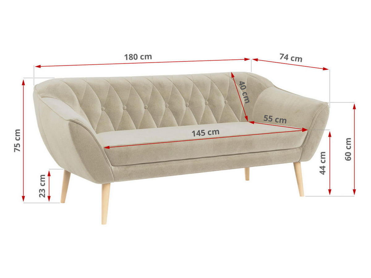 SOFA Pirs 3 Sitzer Velvet Beige - Beige/Braun, Holz/Textil (180/75/74cm) - MKS