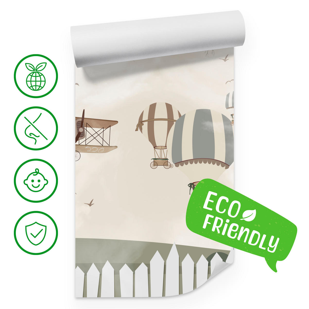 FOTOTAPETE für Kinderzimmer Retro Flugzeuge Ballons Vintage Beige 200x140 - Beige/Braun, Papier (200/140cm) - Muralo