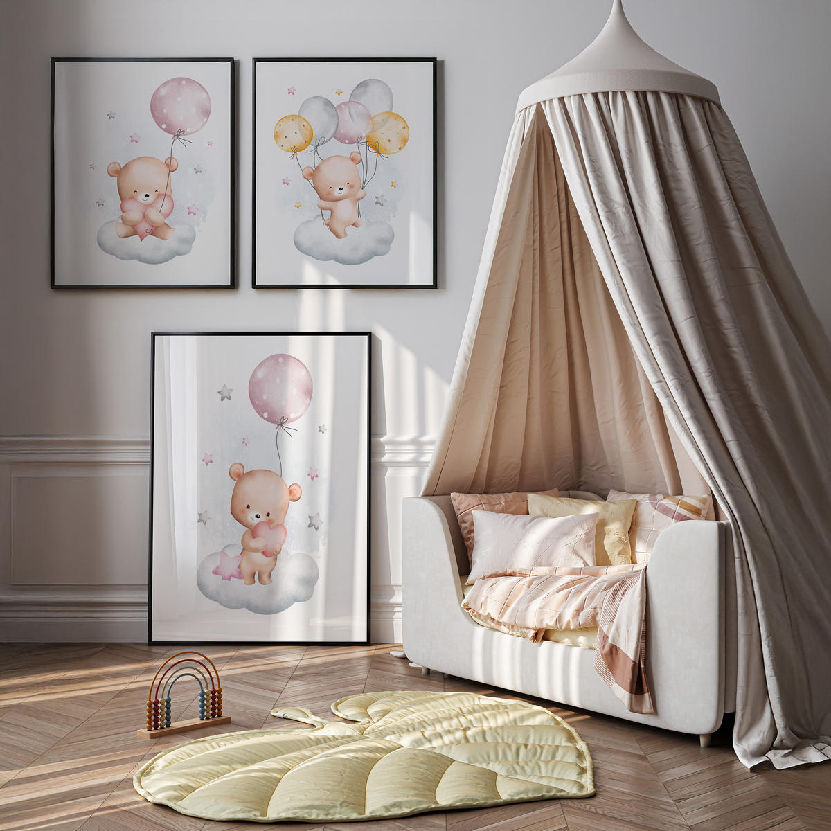 SADA PLAGÁTOV Do Detskej Izby Mackovia Oblaky Balóny Hviezdy 3x Plagát A3 30 x 42 cm - oranžová/hnedá, papier (30/42/1cm) - Muralo