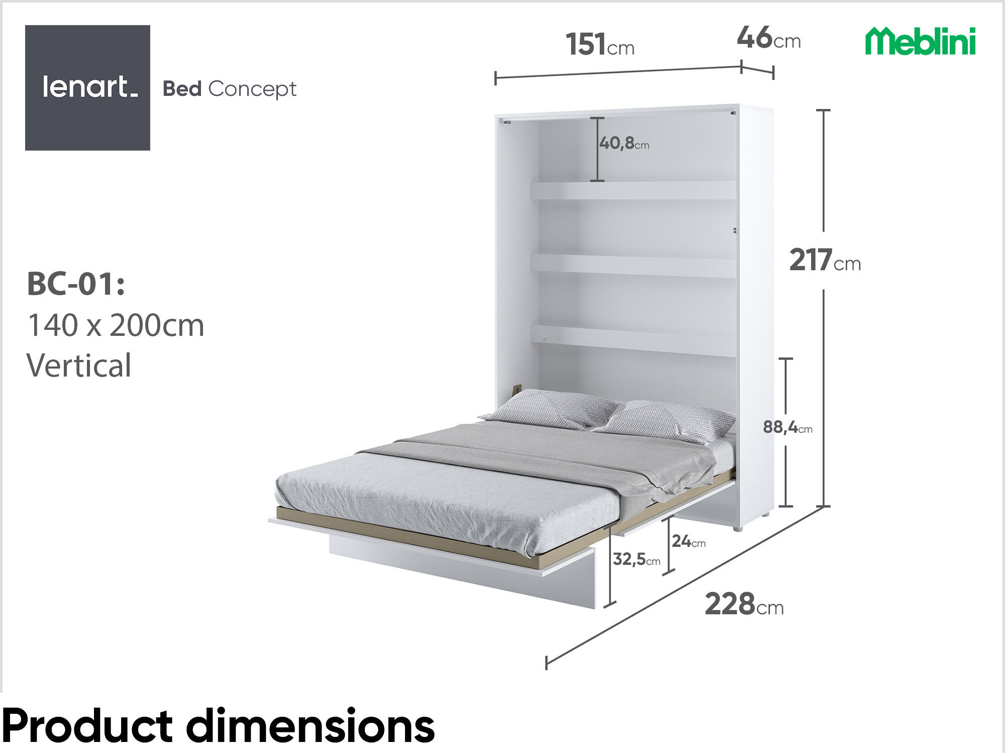 SCHRANKBETT BC-01 - 140x200cm Vertikal - Weiß Mat - Weiß, Holzwerkstoff (140/200cm) - Meblini