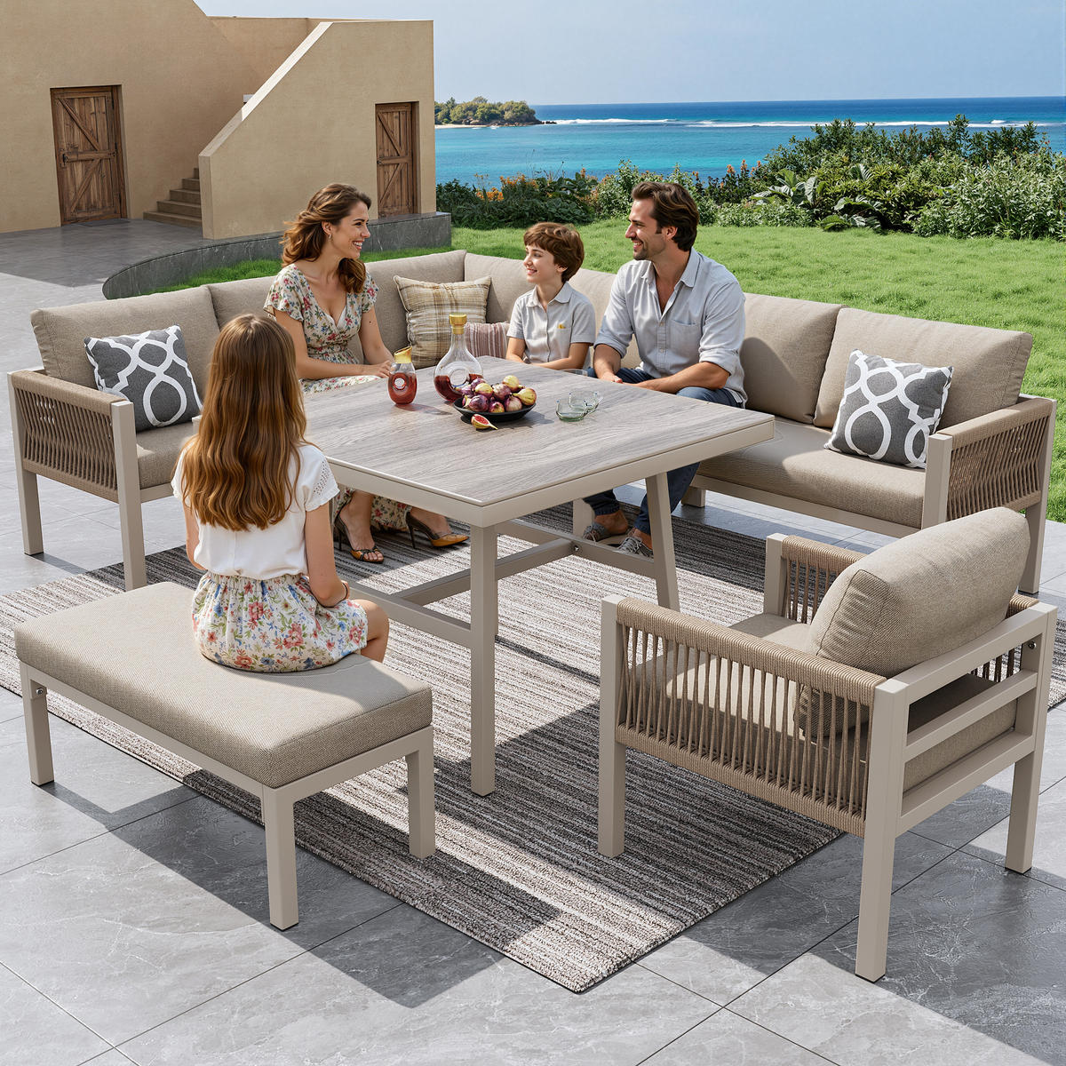 GARTEN-LOUNGE-SET mit verzinktem Stahlrahmen & Glasplatte, für bis zu 8 Personen, 118/61/80 cm, Beige - Beige, Metall - Redom