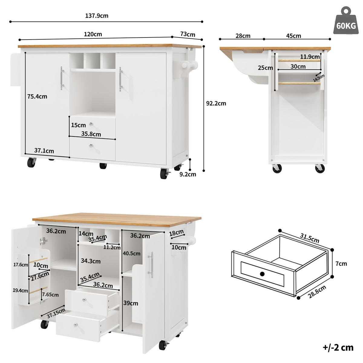KÜCHENINSEL 137.9x73x92cm aus MDF/Metall mit Klapptisch & Weinregal - Weiß, Holzwerkstoff (137.9/92/73cm) - Modfu