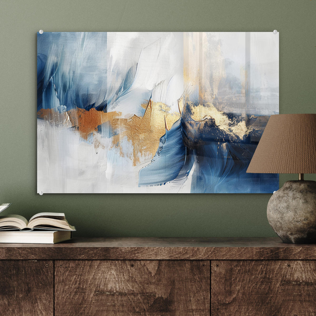 ACRYLGLASBILD Gold - Blau - Aquarell - Kunst - Modern 60x40 cm - Hellblau, Glas (60/40cm) - MuchoWow