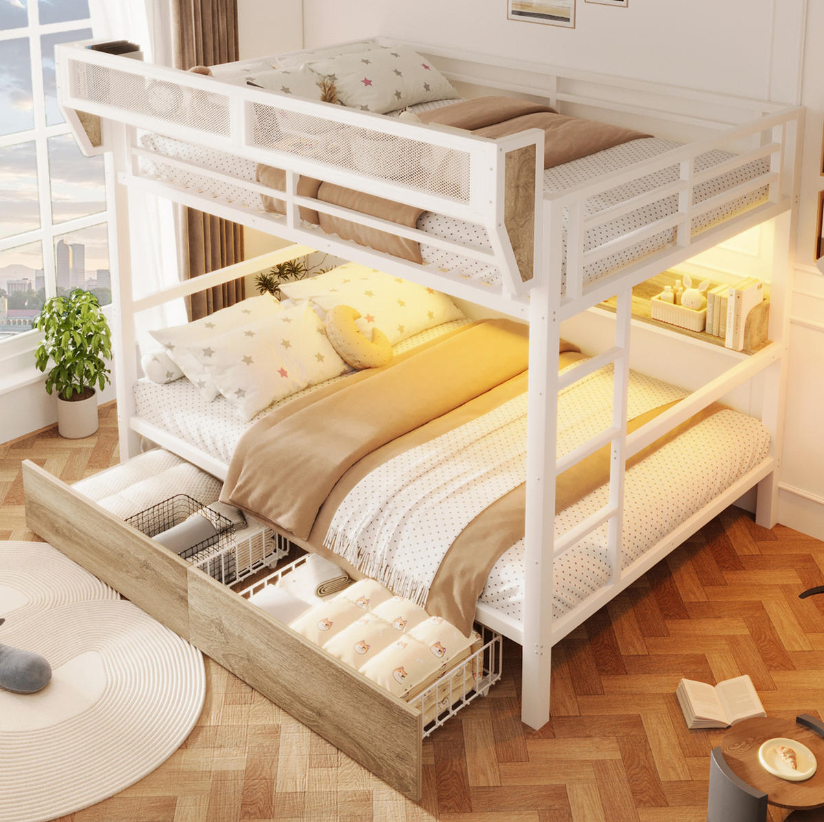 ETAGENBETT 140/200 cm aus Metall und MDF mit LED-Licht und Stauraum Weiß - Weiß, Holzwerkstoff (140/200cm) - Modenvie