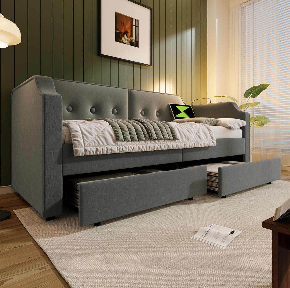 POLSTERBETT 90/200 cm mit 2 Schubladen, USB/Type-C & Leselicht, Samt Grau - Grau, Textil (90/200cm) - Redom