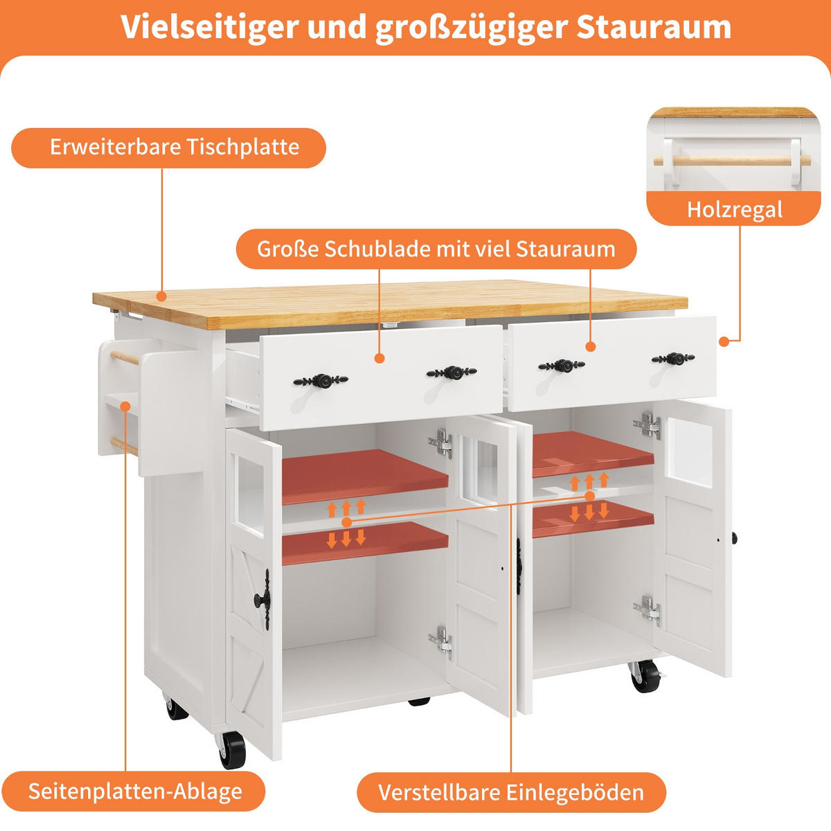 KÜCHENINSEL Mit Rollen, Multifunktionaler Servierwagen, Für Esszimmer, 140/73/93,5 cm - Weiß, Holzwerkstoff (73/93.5/140cm) - Rolipo