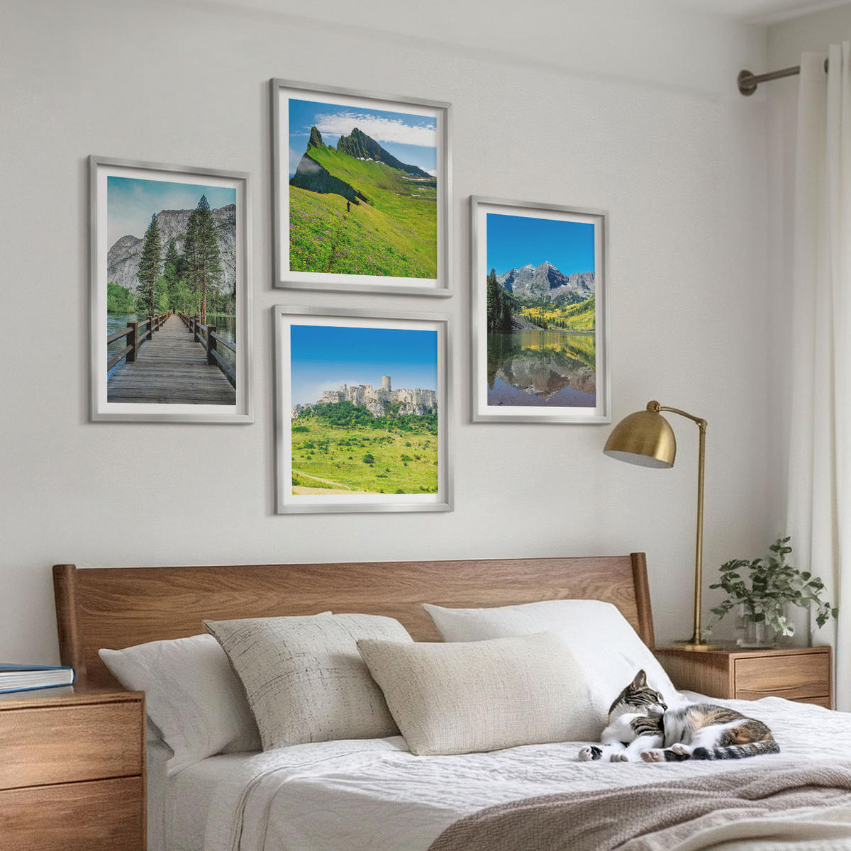 BILDER SET 4er Set - 50x50 cm & 40x60 cm Silberner Rahmen - Grüne Hügel mit einer Burg - Silberfarben, Kunststoff (50/50cm) - TULUP