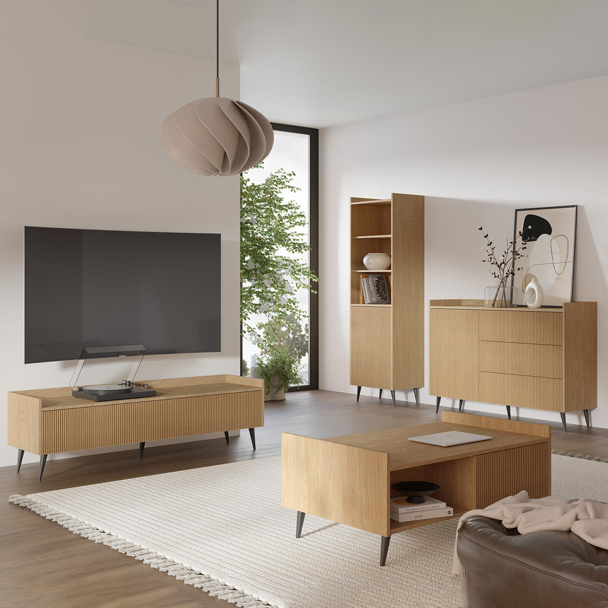 NACHTTISCH Amfali mit 1 Tür, geriffelte Fronten, Push-to-open, Metallbeine, 52 cm, Frühlings-Eiche - Eichefarben/Schwarz, Holzwerkstoff/Metall (52/45/41cm) - Beautysofa