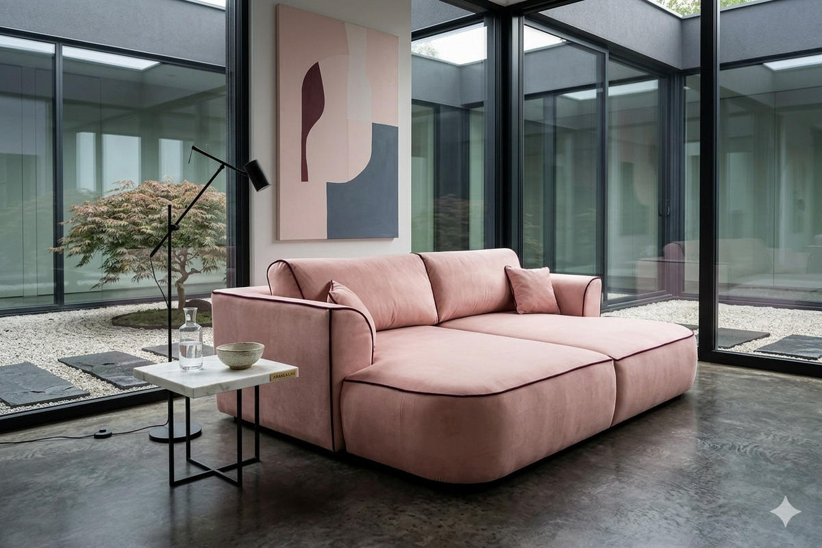 BIG SOFA COZI, Altrosa mit mit auberginem Keder, Matt Velvet - Altrosa, Kunststoff/Textil (240/87/180cm) - KS Home Concept