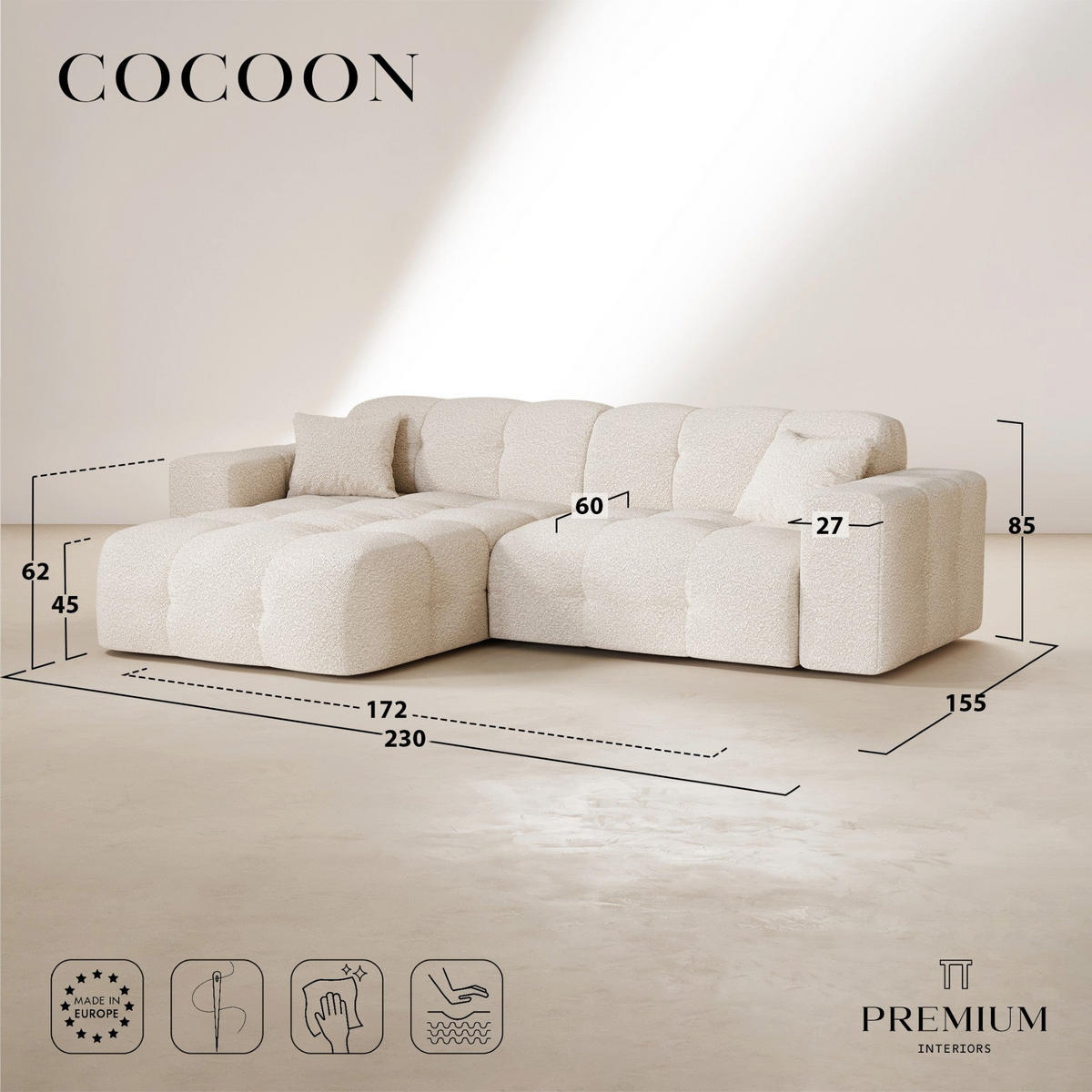 ECKSOFA (links) COCOON Geprägter Samt Mineralblau 230cm - Blau/Dunkelblau, Textil (230/155cm) - Premium Interiors