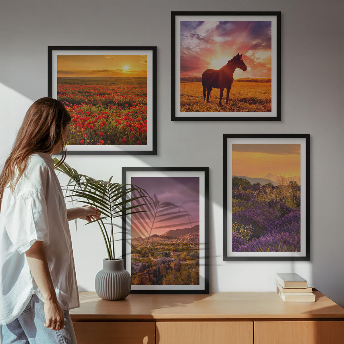 BILDER SET 4er Set - 50x50 cm & 40x60 cm Schwarzer Rahmen - Berglandschaft Rosslavendel - Schwarz, Kunststoff (50/50cm) - TULUP
