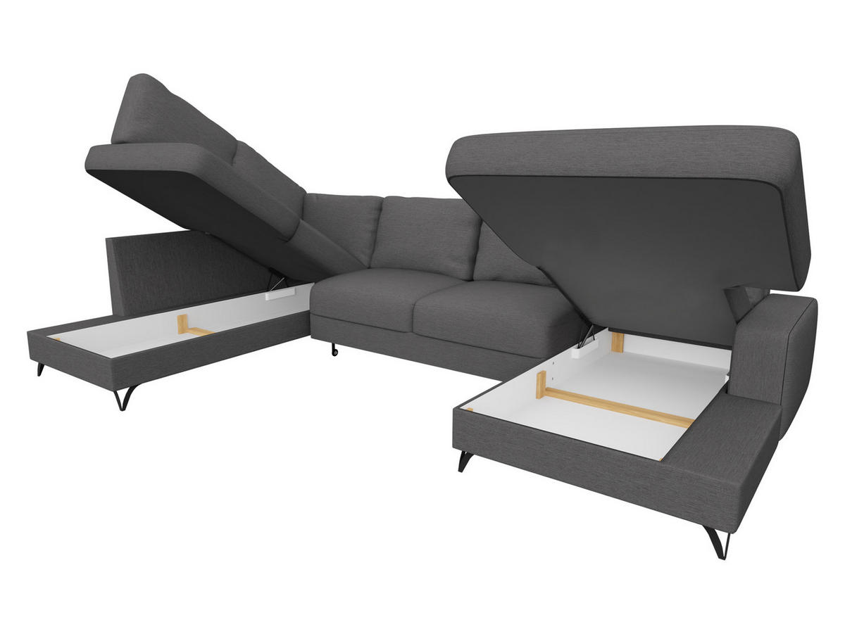 WOHNLANDSCHAFT Flavio U, Seite: Links - L1F+L2F+R3F - Schwarz/Braun, Holz/Textil (367/91/214cm) - MIRJAN24