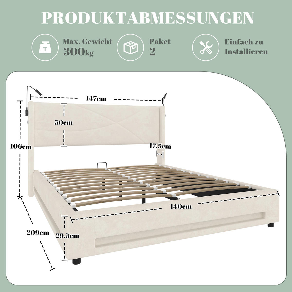 BETTGESTELL 140/200 cm Beige mit LED-Lichtleisten und hydraulischem Stauraum - Beige, Textil (140/200cm) - OKWISH
