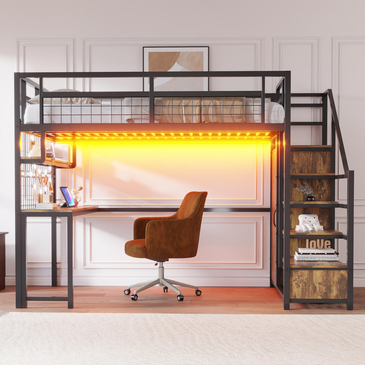 HOCHBETT 140/200 cm DE-01675, in Schwarz, mit Lichtleiste, Steckdose, Stauraumleiter und Schreibtisch - Schwarz, Metall (140/200cm) - ComfortXL