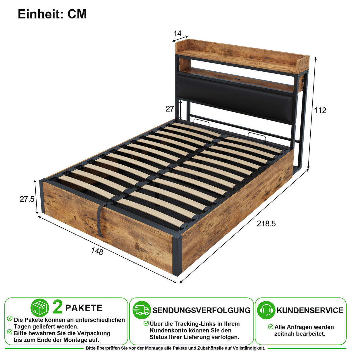 POLSTERBETT 140/200 cm in Schwarz mit Bettkasten, USB und Regal - Schwarz, Holzwerkstoff/Textil (140/200cm) - CHICFURN