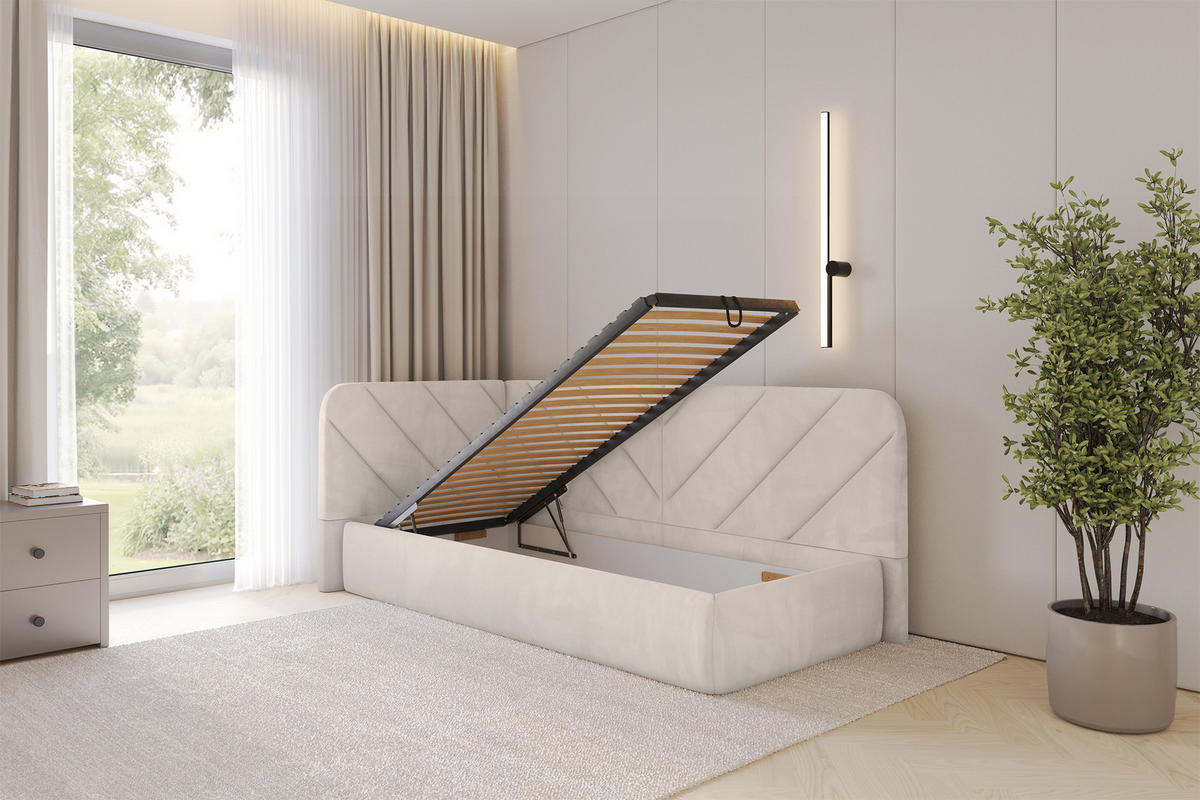 EINZELLBETT Jugendbett mit Bettkasten und Matratze H3/H4, Rechts - FIKY 80x200 Beige - Sandfarben, Holzwerkstoff/Textil (80/200cm) - ALTDECOR