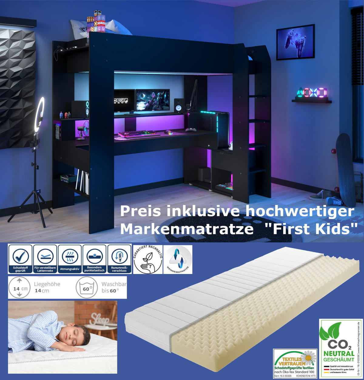 HOCHBETT Online 1 Gaming in Schwarz inklusive LED-Beleuchtung 90 x 200 cm mit Matratze - Schwarz, Holz (90/200cm) - Parisot Meuble