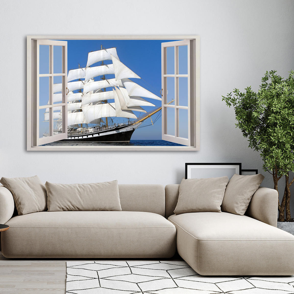 WANDBILD fensterblick schiff meer - Blau, Textil (60/40cm) - Feeby