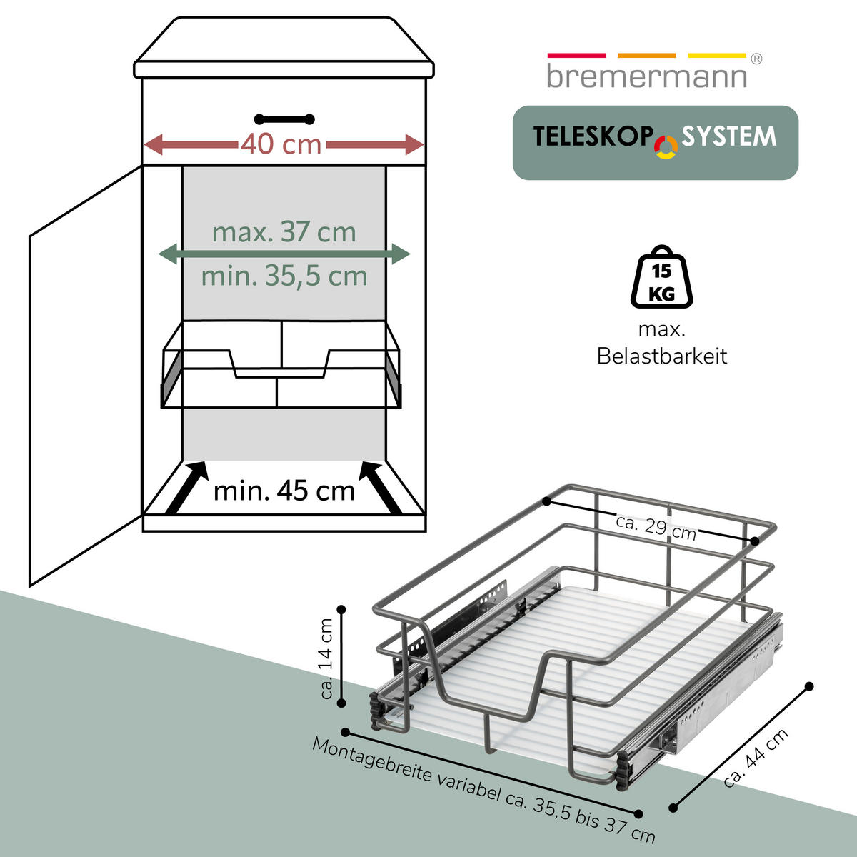 TELESKOPSCHUBLADE für 40 cm Schrank mit Einlegeboden, aus Metall - Grau, Metall (37/14/44cm) - bremermann