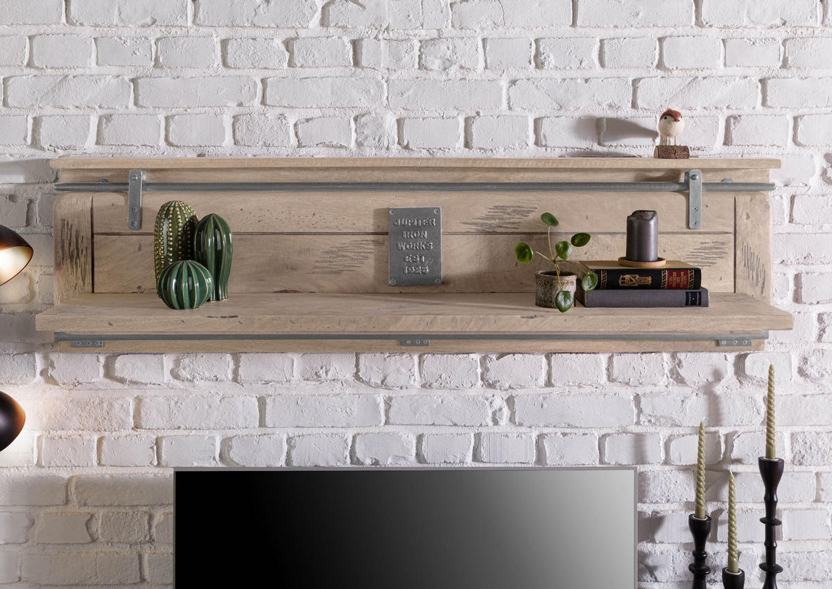 WANDREGAL Mango 180x25x38 whitewash lackiert RAILWAY #391 - Beige, Holz (180/38/25cm) - Massivmoebel24