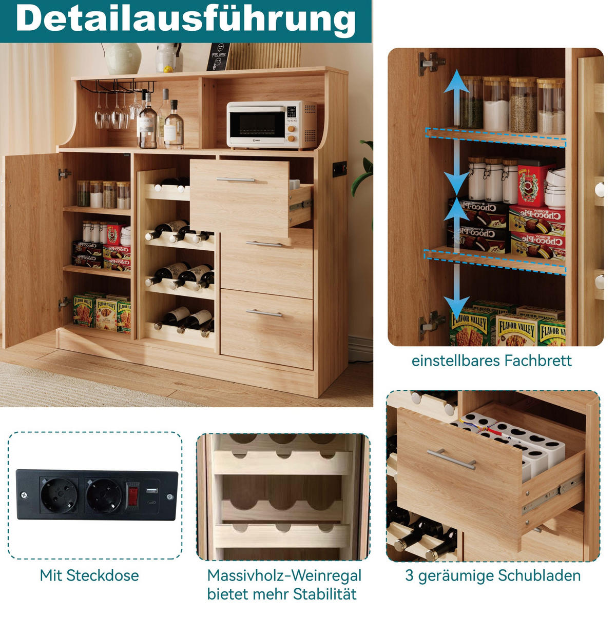 SIDEBOARD aus MDF 120x40x121 cm Natur/Weiß mit LED-Beleuchtung, Steckdose und Weinregal - Weiß, Holzwerkstoff (120/121/40cm) - IVMEU
