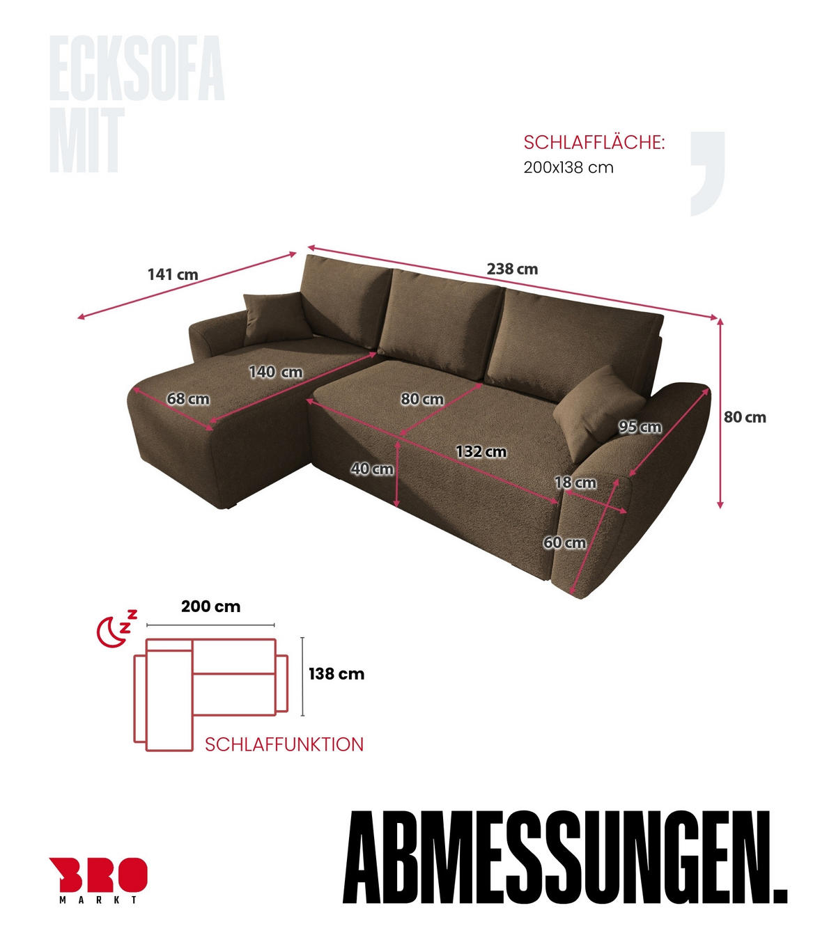 ECKSOFA Rotterdam mit Schlaffunktion Braun Bouclé - Graubraun, Textil (238/141cm) - Bromarkt