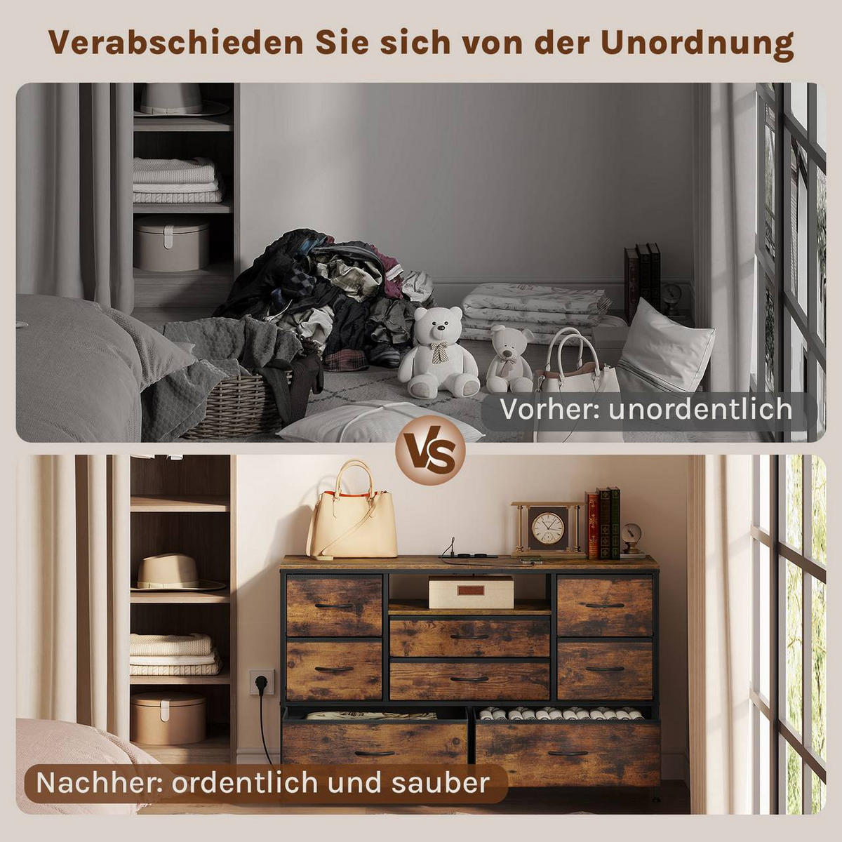 KOMMODE mit 8 Schubladen, mit Ladefunktion, Rustikales Braun - Dunkelbraun/Schwarz, Holzwerkstoff/Textil (120/75/36cm) - Woltu