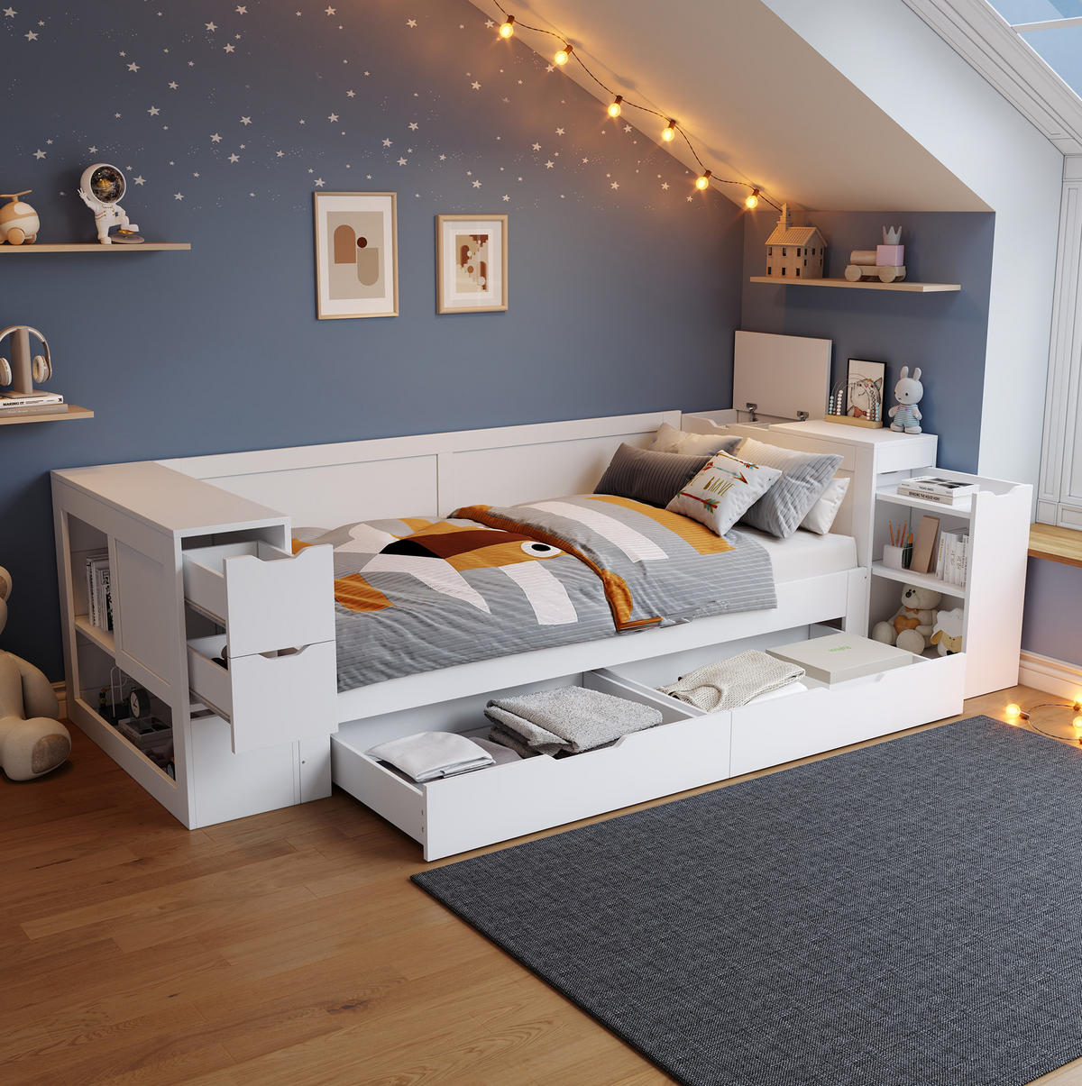 KINDERBETT 90/200 cm mit Schublade, Regal, Nachttisch und Stauraum aus MDF, Weiß - Weiß, Holzwerkstoff (90/200cm) - Redom