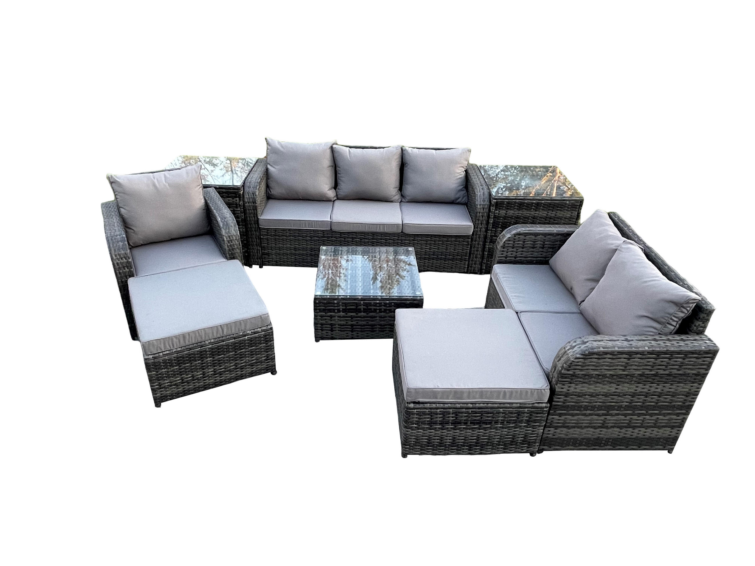 GARTENTISCHGRUPPE Polyrattan Dunkelgrau 8-teilige - Dunkelgrau/Grau, Glas/Kunststoff - Fimous