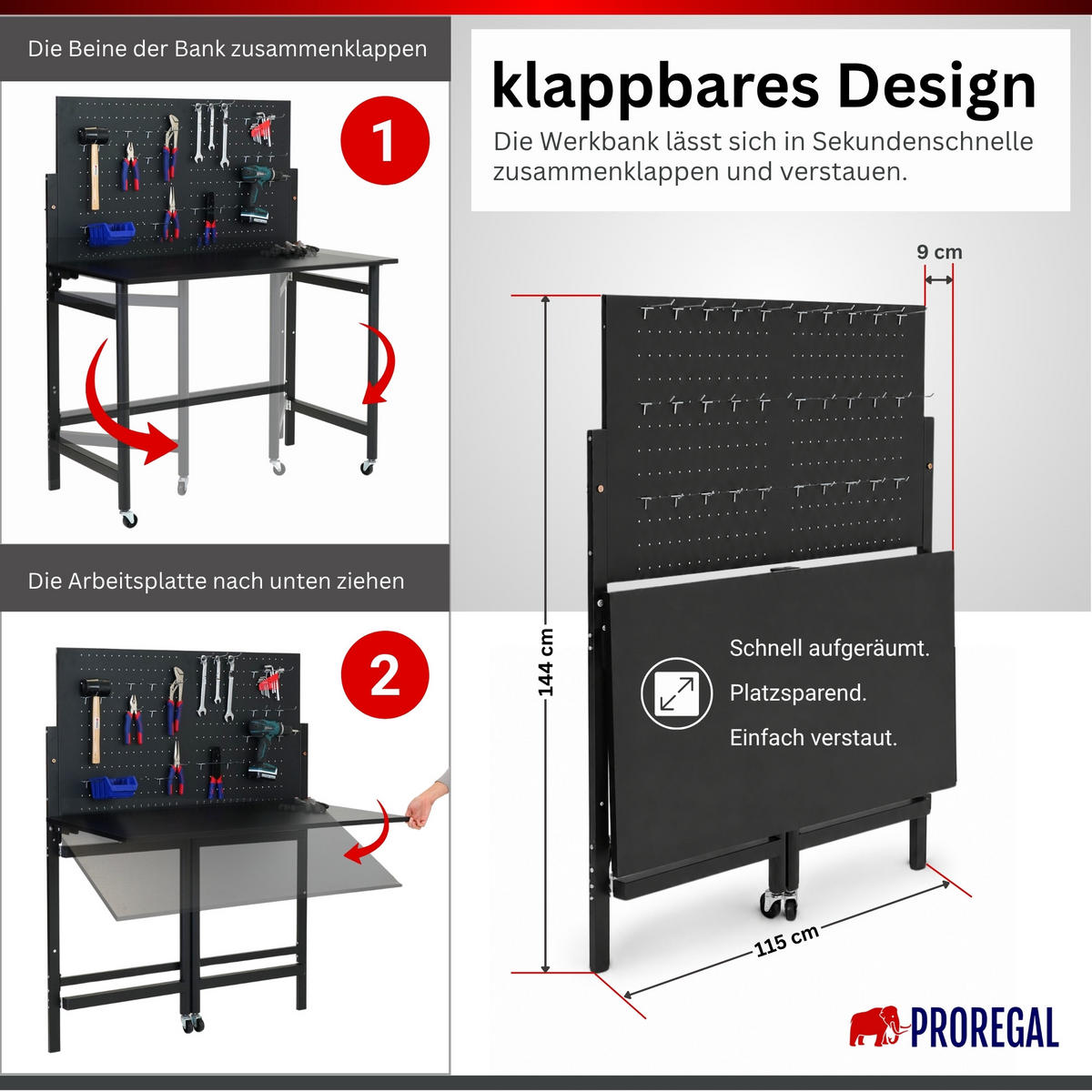 WERKBANK klappbar für Wandmontage TITAN mit Werkzeug Lochwand - Schwarz, Metall (115/144/63cm) - PROREGAL