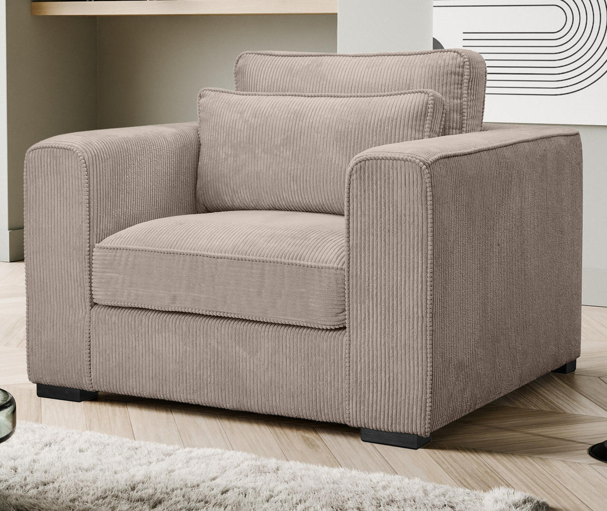 SESSEL beige-braun Cord, Loungesessel 120 cm, Wohnzimmersessel mit Wellenfederung - Schwarz/Braun, Holzwerkstoff/Kunststoff (120/92/112cm) - Inn.Furn