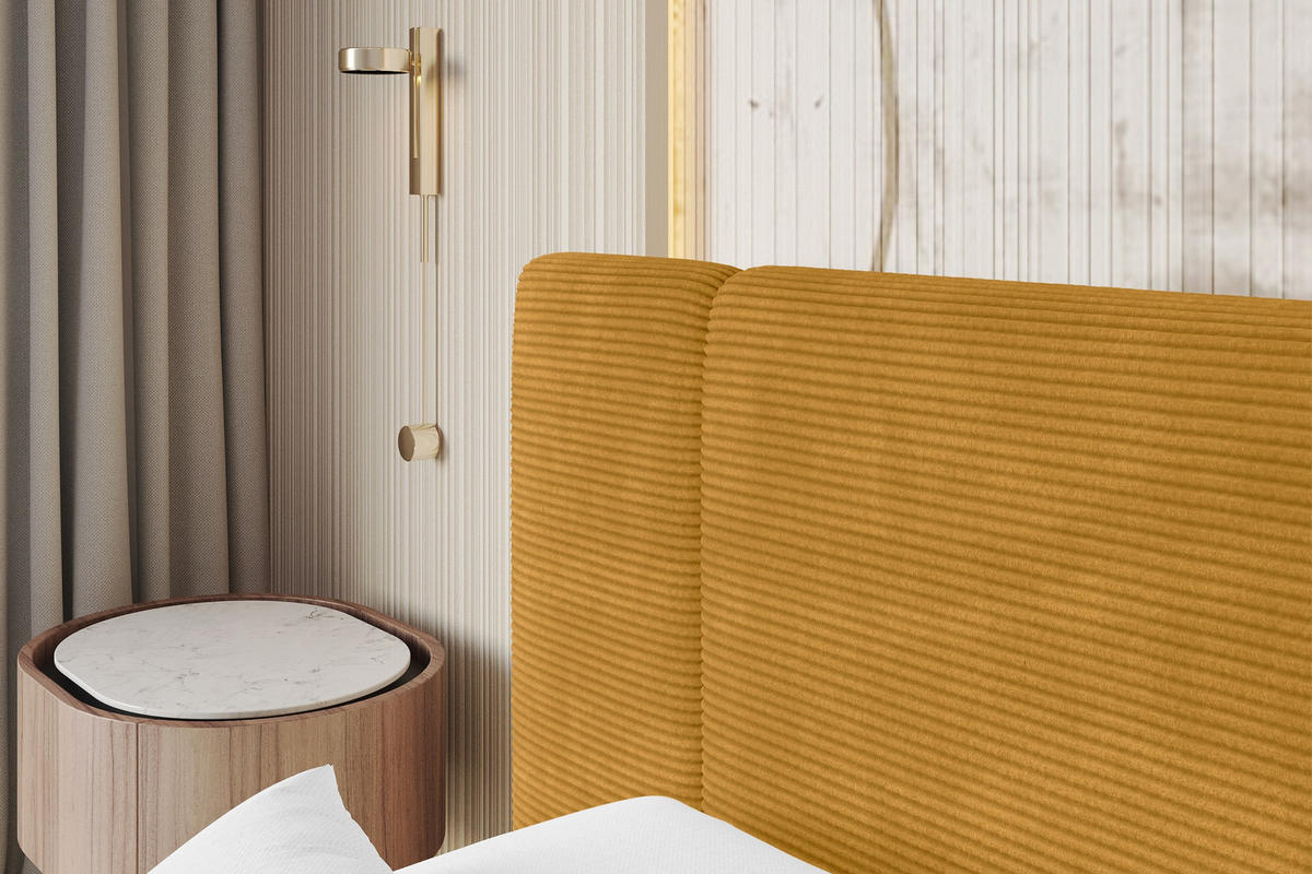 POLSTERBETT mit Bettkasten und Lattenrost, Bett mit Matratze H3/H4 - TEVO 200x200 Senfgelb - Gelb, Holzwerkstoff/Textil (200/200cm) - ALTDECOR