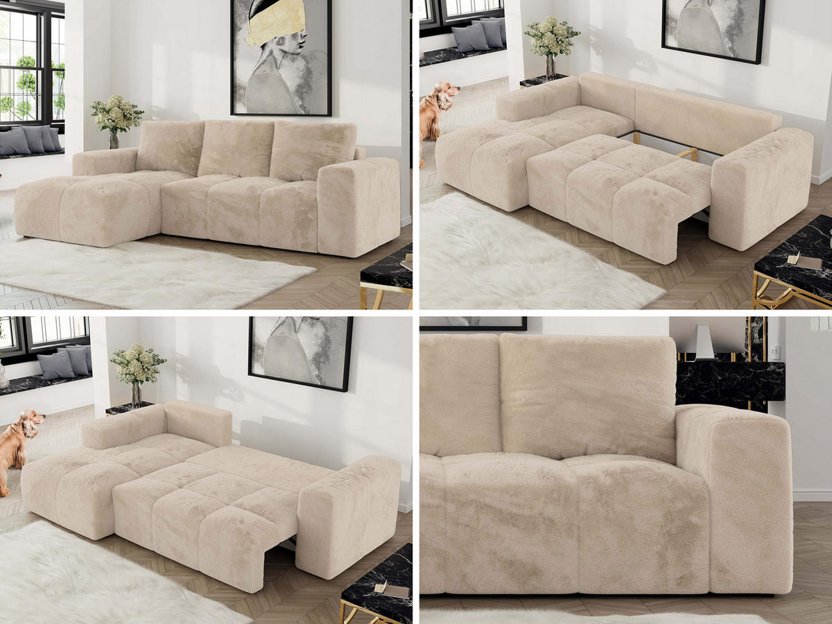 ECKSOFA MONIVA Creme Plüsch - Links - Creme/Schwarz, Textil (164/266cm) - MKS