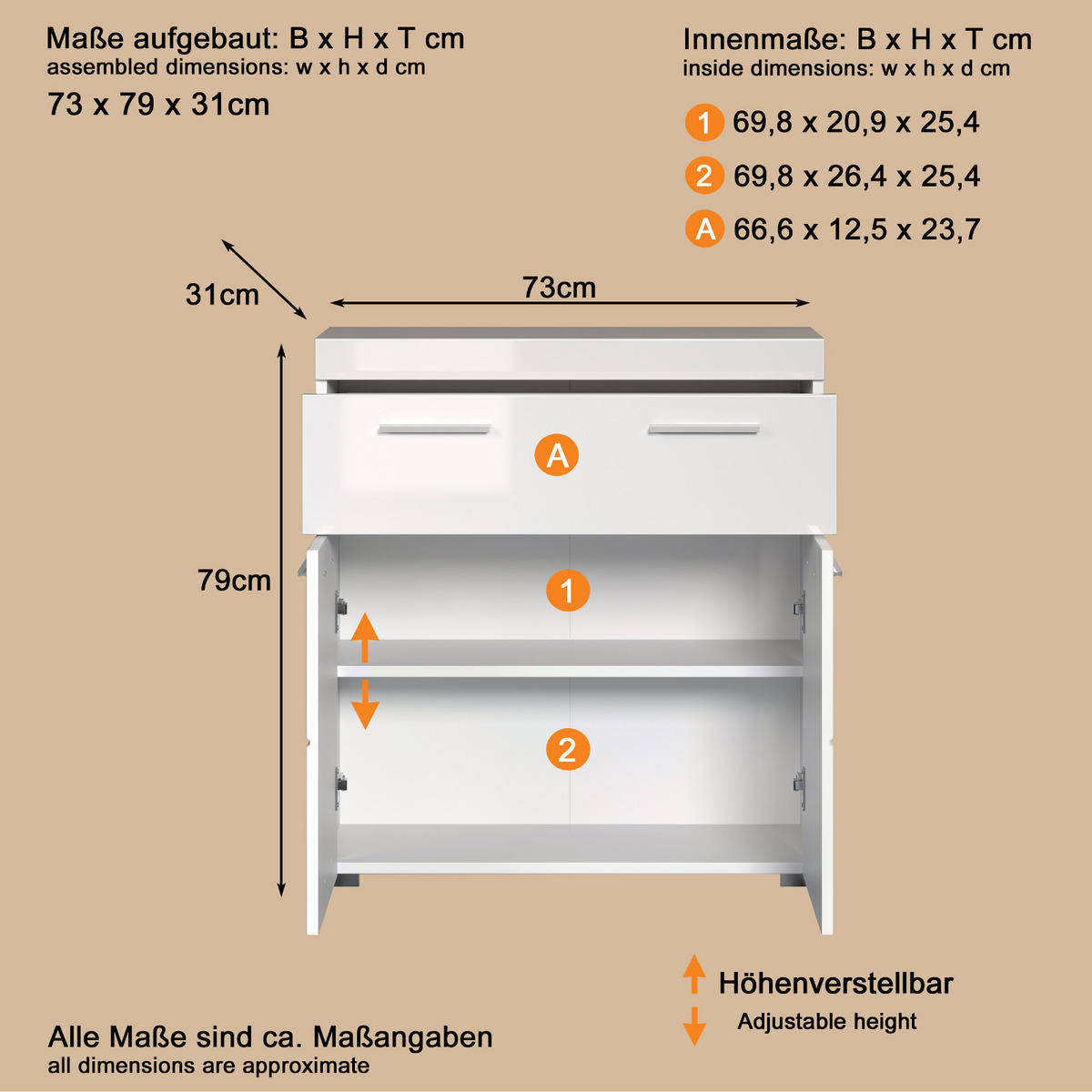 BADKOMMODE weiß Hochglanz 73 x 79 cm, Badezimmer Kommode 2-türig - Weiß, Holzwerkstoff/Kunststoff (31/79/73cm) - Top.Furn