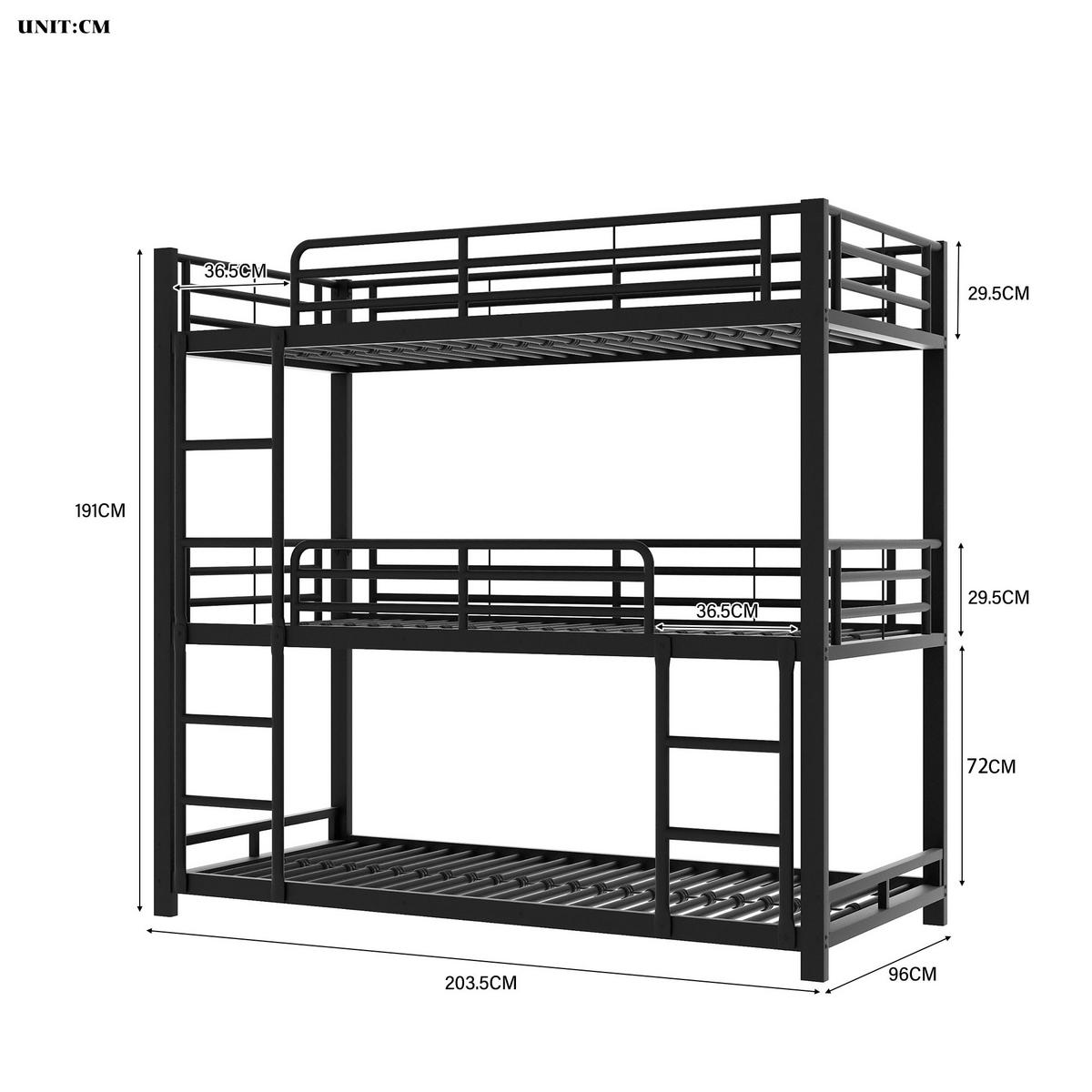 KINDERBETT 90x200 cm, Etagenbett (Dreifach) für Kinder/Jugendliche/Erwachsene, Eisen, schwarz - Schwarz, Metall (90/200cm)