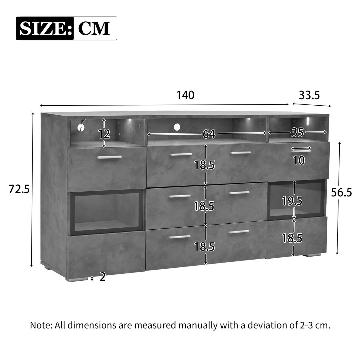 SIDEBOARD 140/33,5/72,5 cm mit LED, 2 Türen, 3 Schubladen & offenen Fächern - Grau, Holzwerkstoff (140/72.5/33.5cm) - BEAOK