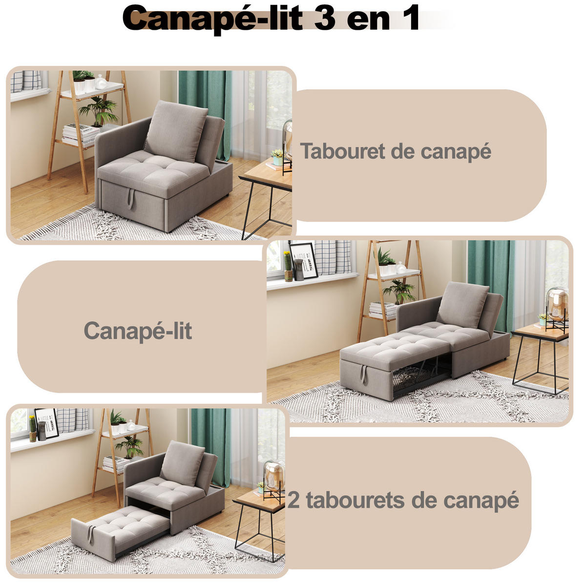 SCHLAFSOFA 3in1 Leinen Rückenlehne - Grau, Textil (177/65/68cm) - FLIEKS
