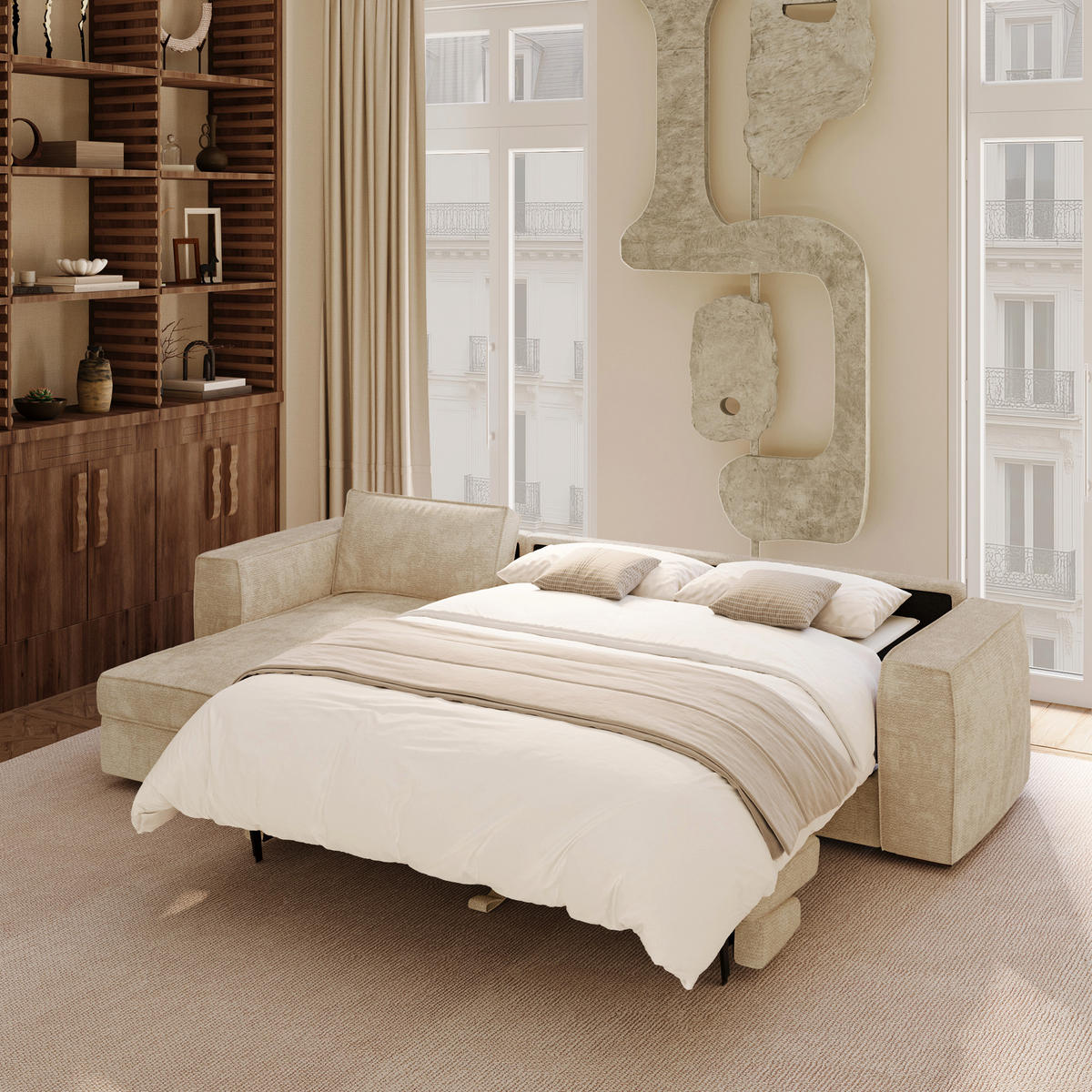 LINKSECK-SCHLAFSOFA MIKA Kettgewebe mit weichem Griff Beige 292cm - Beige, Textil (292/100cm) - Premium Interiors