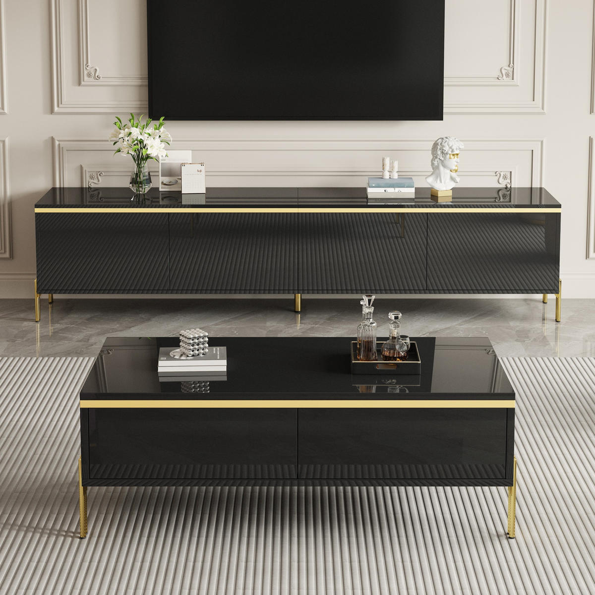 TV-SCHRANK & COUCHTISCH Set Luxus Hochglanz Gold Kanten - Schwarz, Holzwerkstoff (38/50/170cm) - FLIEKS
