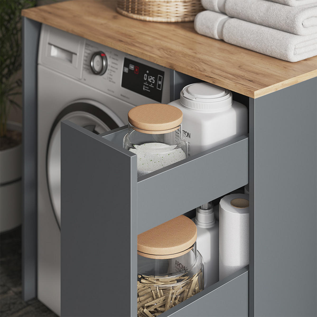 WASCHMASCHINENSCHRANK Viktor, Anthrazit/Goldkraft Eiche, 93.6 x 88.2 cm mit Rollcontainer - Honigeiche/Anthrazit, Holzwerkstoff (93.6/88.2/60cm) - Vicco