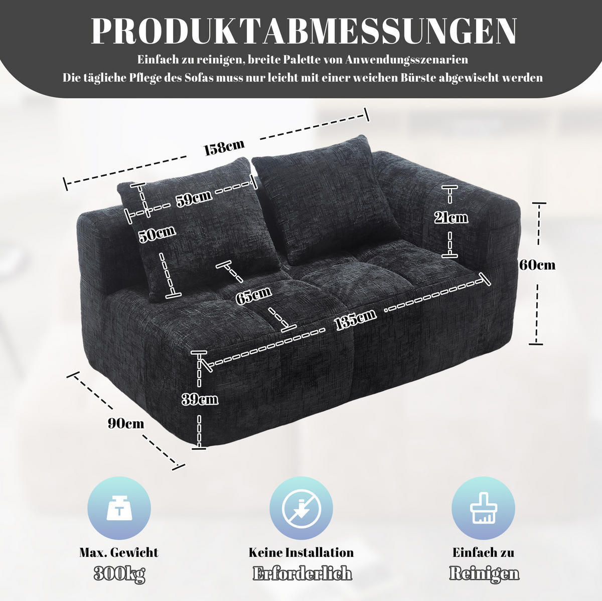 SOFA mit Seitentaschen ca. 158 x 90 cm Chenille Schwarz - Schwarz, Kunststoff (158/60/90cm) - Meubliv