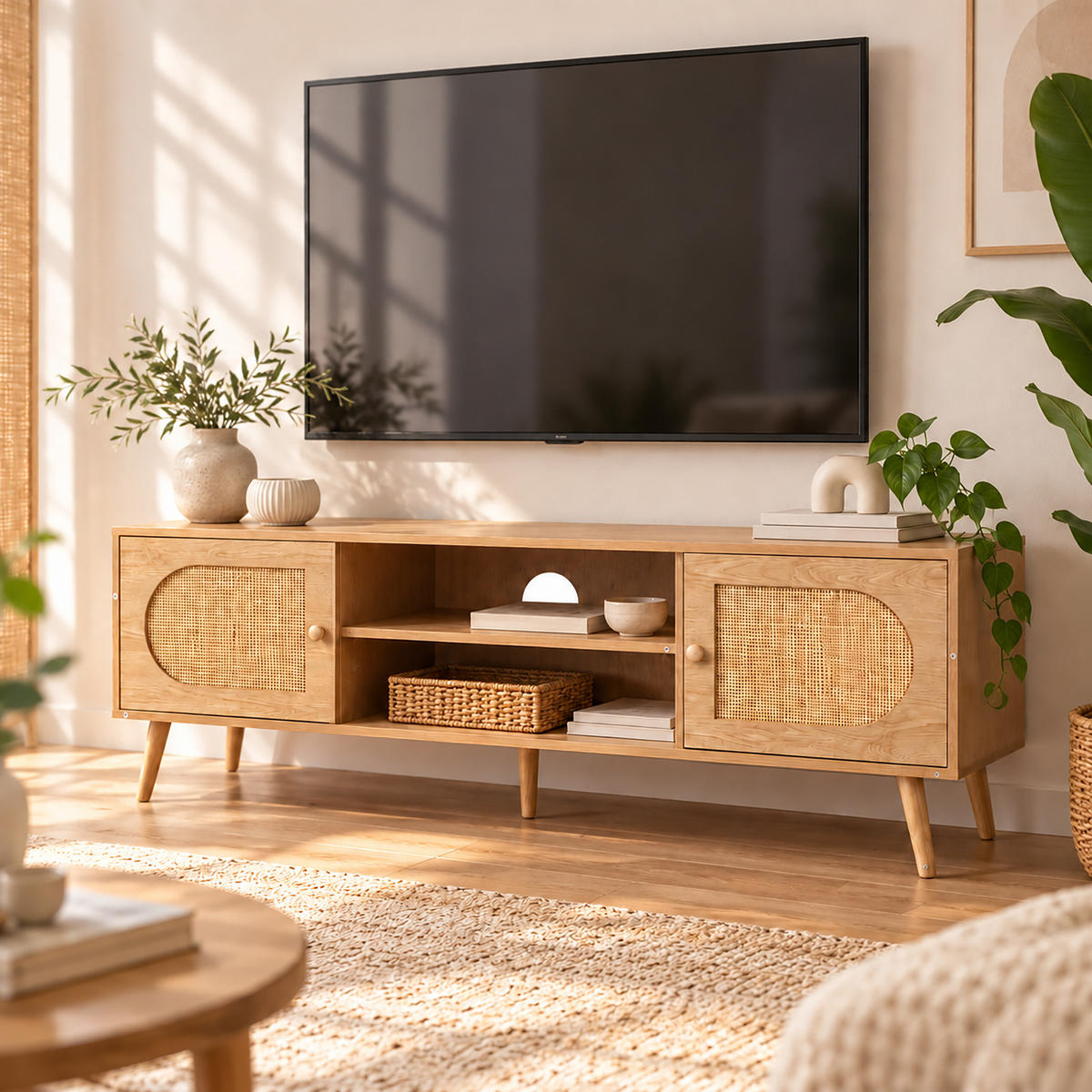 TV-BÄNK natur rotting 140 cm - Ljusbrun, Trä/Träbaserade material (140/49.5/40cm) - Relaxdays