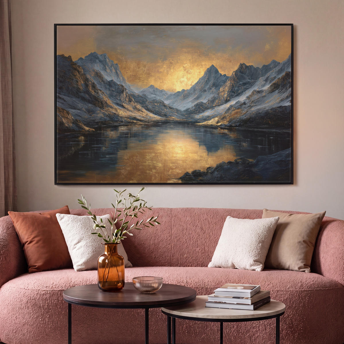 LEINWAND Bilder mit Rahmen - Bergkulisse mit goldenem Sonnenuntergang - 150x100 - Goldfarben, Textil (150/100cm) - MuchoWow