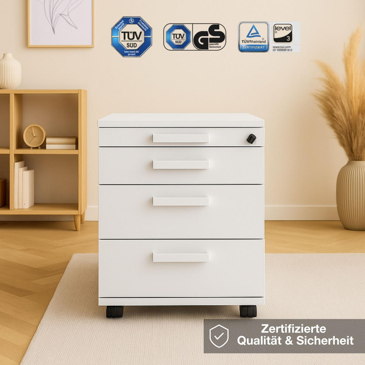 ROLLCONTAINER Pontis mit 4 Schubladen abschließbar mit Griffen und Zentralverschluss Weiß - Weiß, Holz (41.5/53.3/58.4cm) - ASSMANN