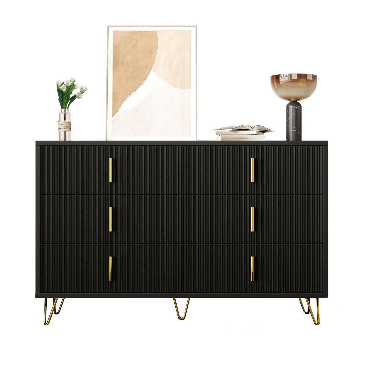 KOMMODE 120/77/40 cm Schwarz und Gold aus Spanplatte mit 6 Schubladen - Schwarz, Holzwerkstoff (40/77/120cm) - OKMYHOME