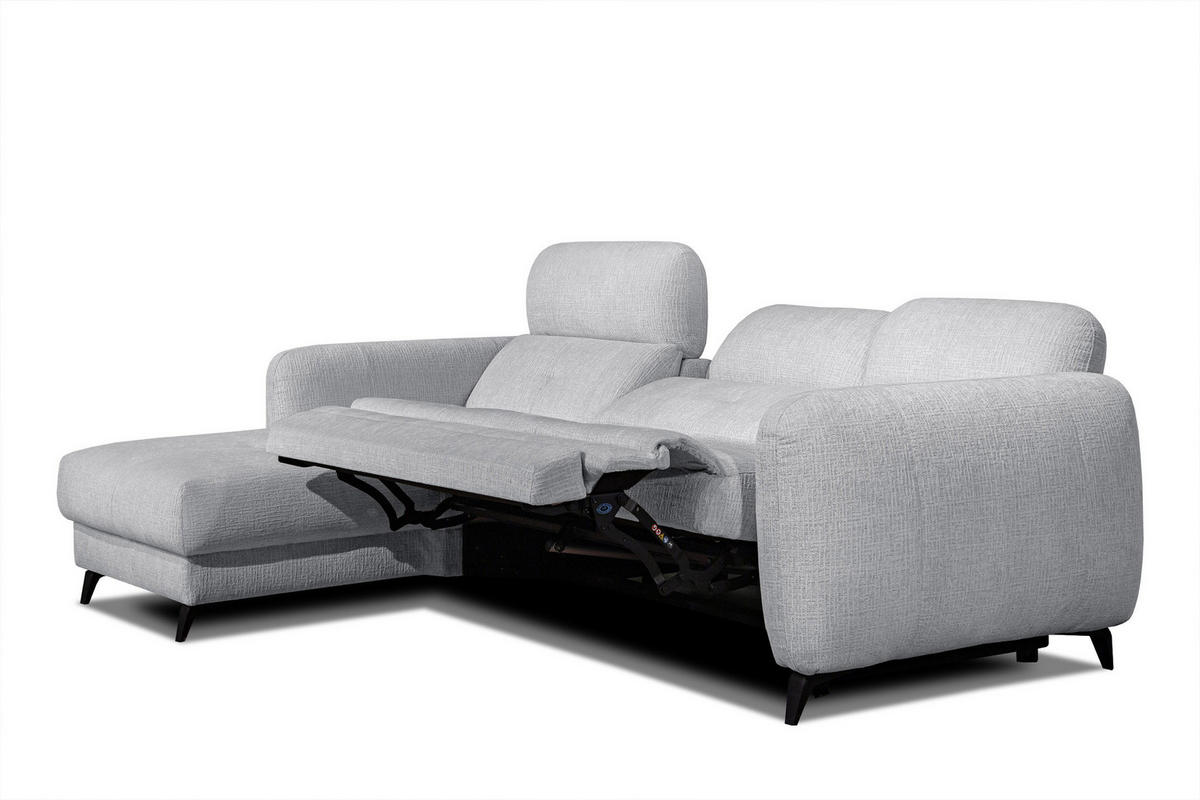 ECKSOFA SVEN 3-Sitzer, 1 Relax XL, verstellbare Kopfstützen, hellgrau - Hellgrau/Schwarz, Holzwerkstoff/Textil (256/163cm) - Courtois Laville