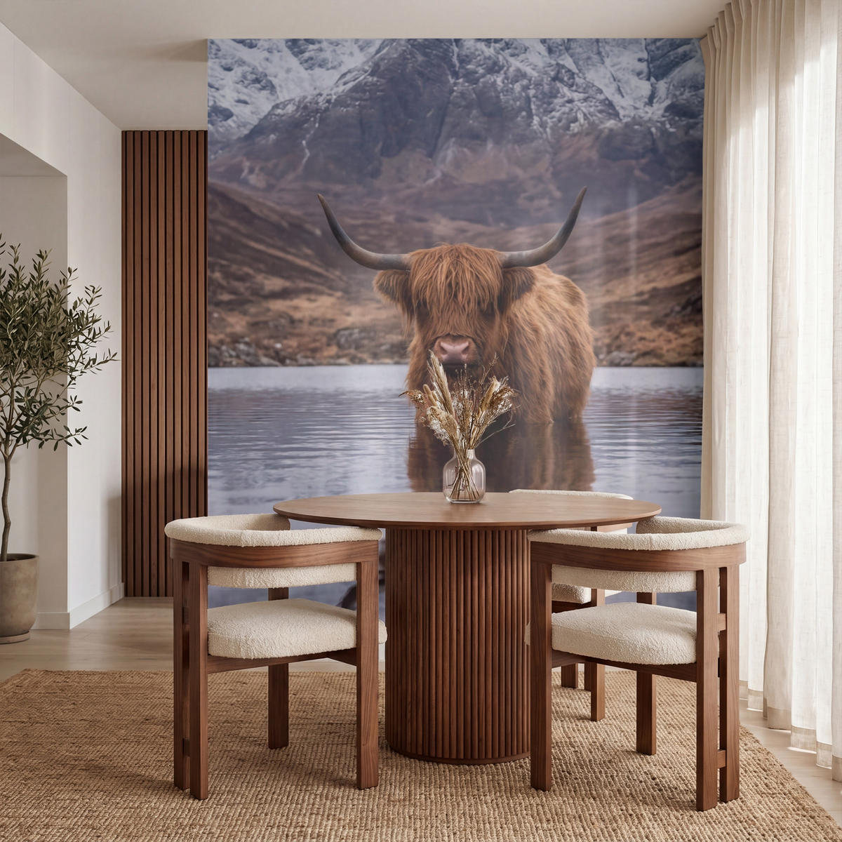 TAPETE - Schottischer Hochländer - Braun - Wasser - 260x300 cm - Braun, Papier (260/300cm) - OnlyWow