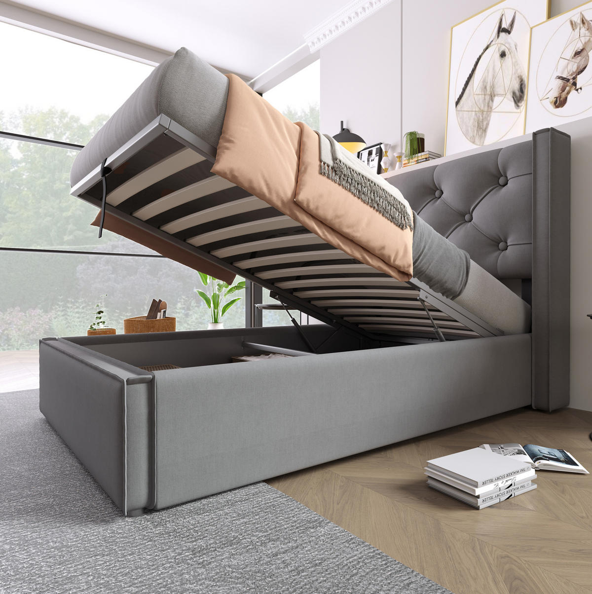 POLSTERBETT mit Bettkasten 90x200 cm Baumwolle Grau - Grau, Metall (90/200cm) - Meubliv