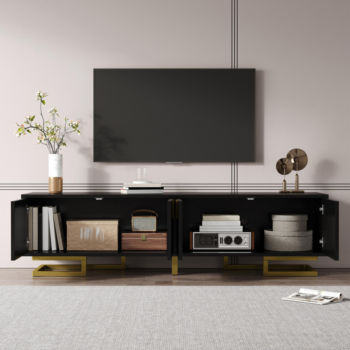 TV-SCHRANK mit 4 Türen 160 x 38 x 44,5 cm Schwarz mit goldfarbenen Details - Schwarz, Holzwerkstoff (38/44.5/160cm) - Beauniv