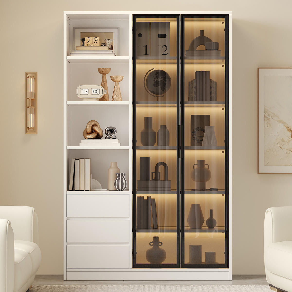 HOCHSCHRANK Weiß mit LED, 3 Schubladen und Glastüren - Weiß, Holzwerkstoff (100/160/35cm) - FLIEKS